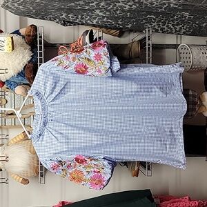 Unbranded Gingham Blue Balloon Short Sleeve Embroider Blouse Size Large